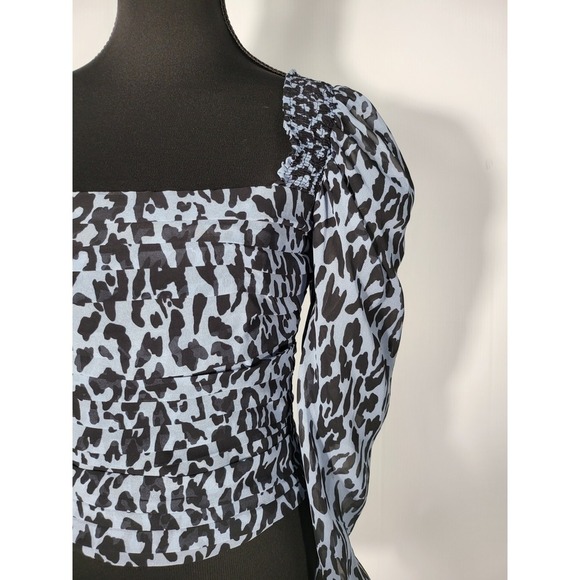 Zara Women's Blue Animal Print Balloon Long Sleeve Pleated Crop - Picture 6 of 10